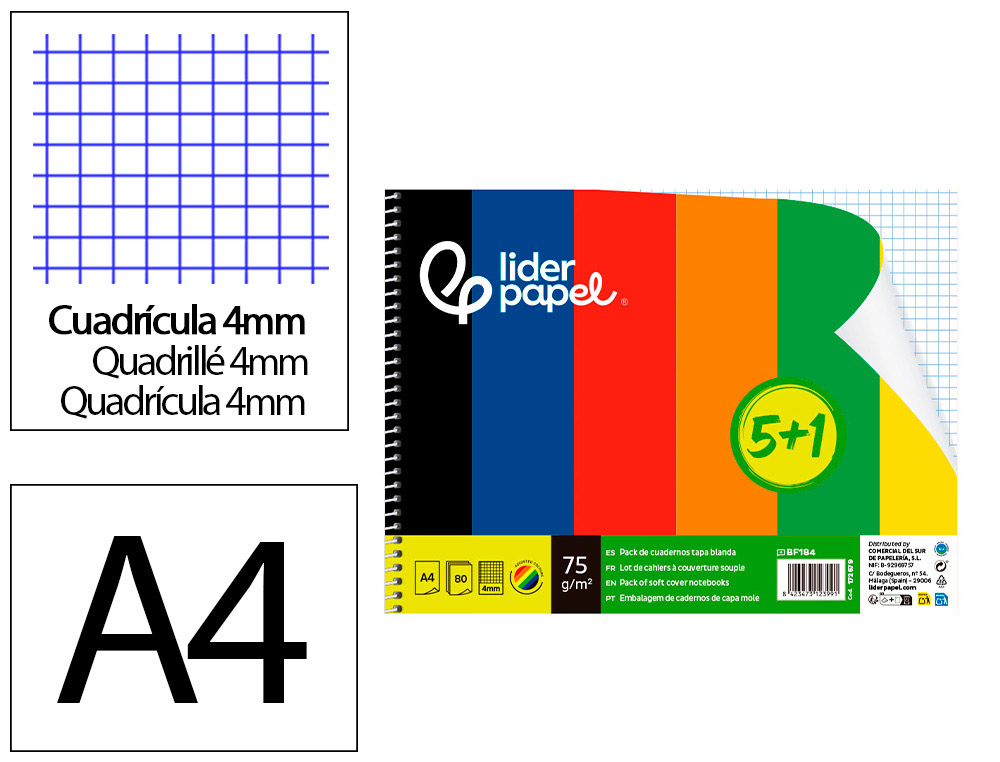 CUADERNO ESPIRAL LIDERPAPEL A4 SMART TAPA BLANDA 80H 75GR CUADRO 4 MM CON MARGEN PACK 5+1 COLORES SURTIDOS