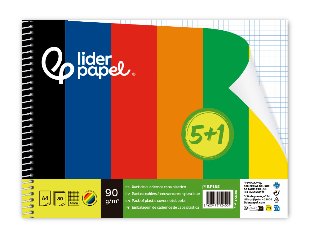 CUADERNO ESPIRAL LIDERPAPEL DIN A4 TAPA POLIPROPILENO 80H 90GR CUADRO 4MM CON MARGEN PACK 5+1 COLORES SURTIDOS
