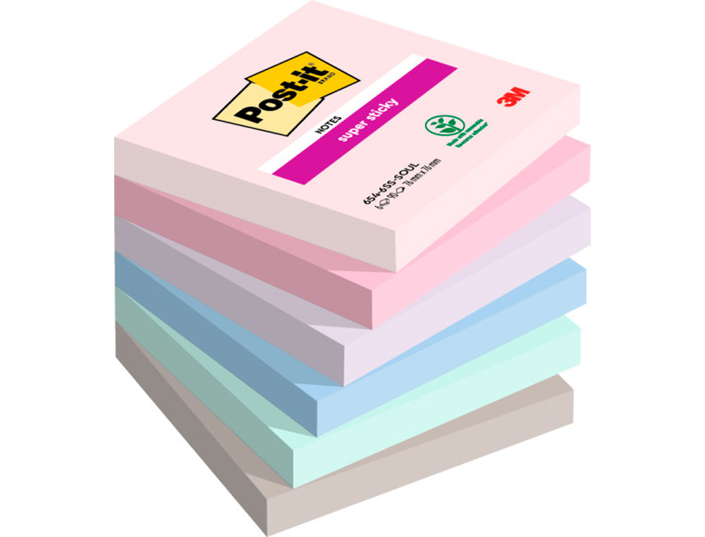 BLOC DE NOTAS ADHESIVAS QUITA Y PON POST IT SUPER STICKY SOULFUL 100% PEFC 76X76 MM PACK DE 6 BLOCS COLORES