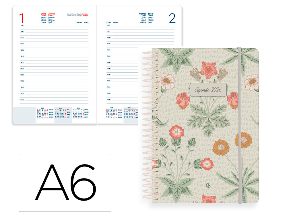 AGENDA ESPIRAL LIDERPAPEL SANTORINI A6 2026 DIA PAGINA DESIGN 2 PAPEL 60 GR