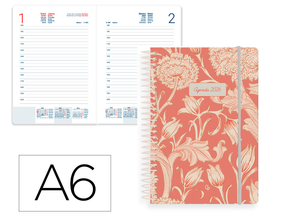 AGENDA ESPIRAL LIDERPAPEL SANTORINI A6 2026 DIA PAGINA ROJO PAPEL 60 GR FSC