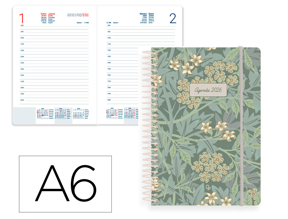 AGENDA ESPIRAL LIDERPAPEL SANTORINI A6 2026 DIA PAGINA DESIGN 4 PAPEL 60 GR