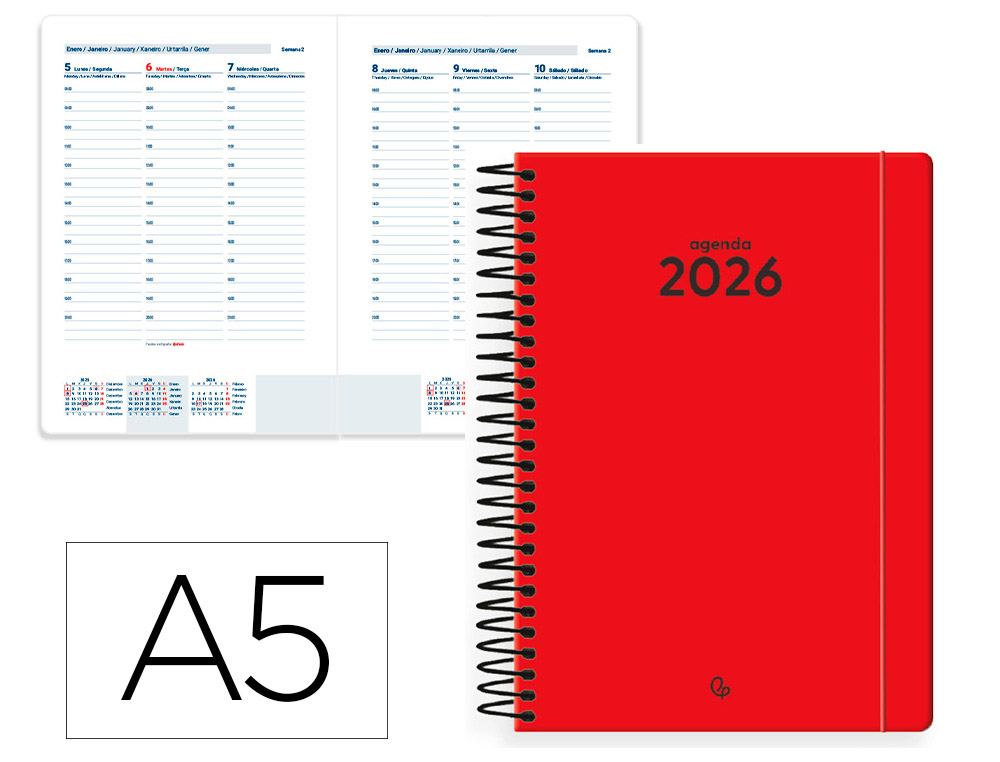 AGENDA ESPIRAL LIDERPAPEL CLASSIC A5 2026 SEMANA VISTA ROJO PAPEL 70 GR FSC