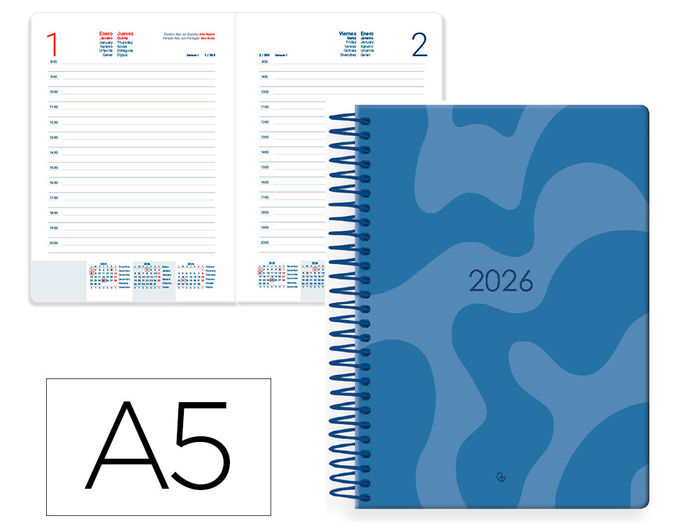 AGENDA ESPIRAL LIDERPAPEL SYROS 150X210 MM 2026 DIA PAGINA DESIGN 1 (AZUL) PAPEL 60 GR