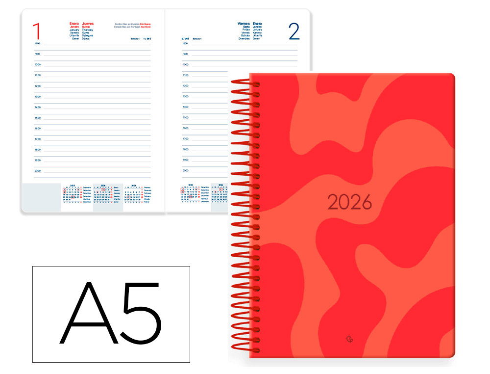 AGENDA ESPIRAL LIDERPAPEL SYROS 150X210 MM 2026 DIA PAGINA DESIGN 2 (ROJO) PAPEL 60 GR