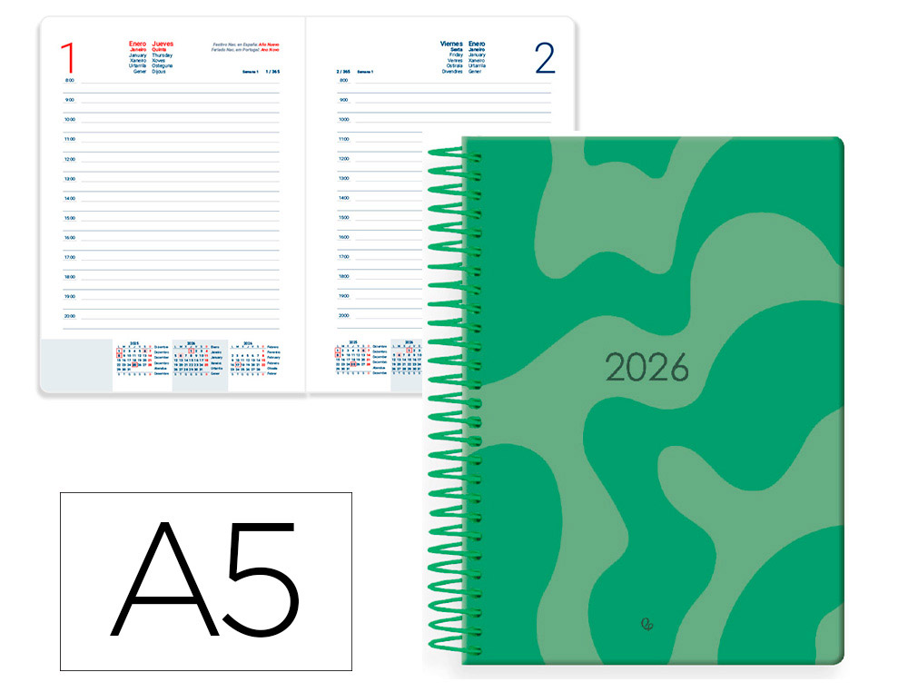 AGENDA ESPIRAL LIDERPAPEL SYROS 150X210 MM 2026 DIA PAGINA DESIGN 3 (VERDE) PAPEL 60 GR