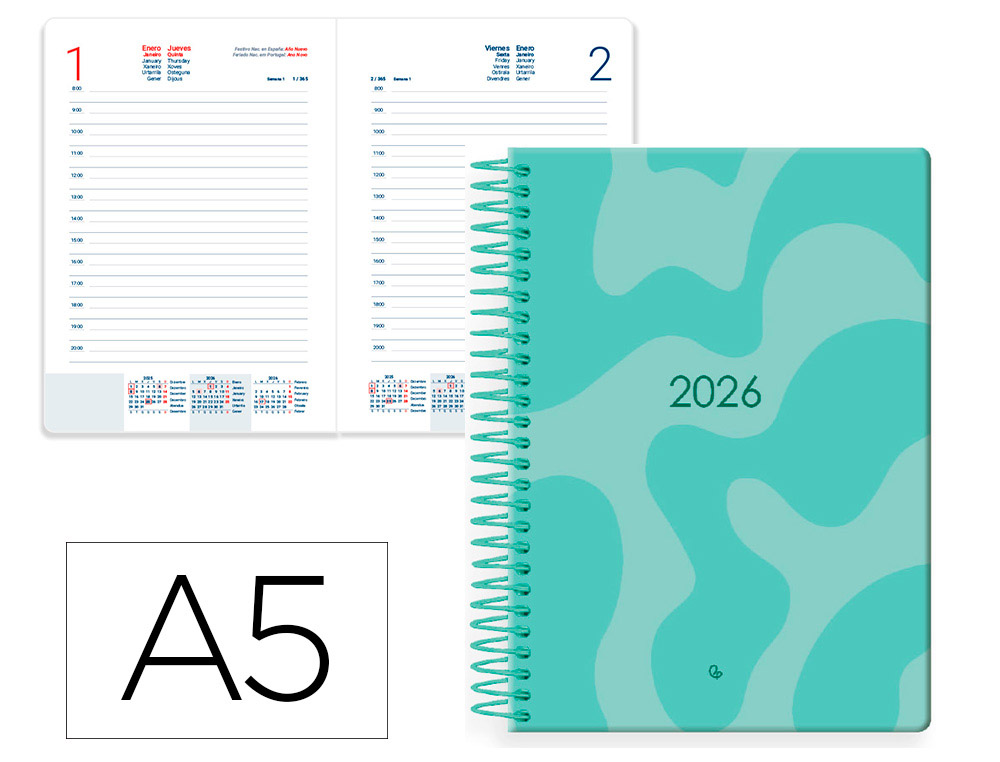 AGENDA ESPIRAL LIDERPAPEL SYROS 150X210 MM 2026 DIA PAGINA DESIGN 5 PAPEL 60 GR