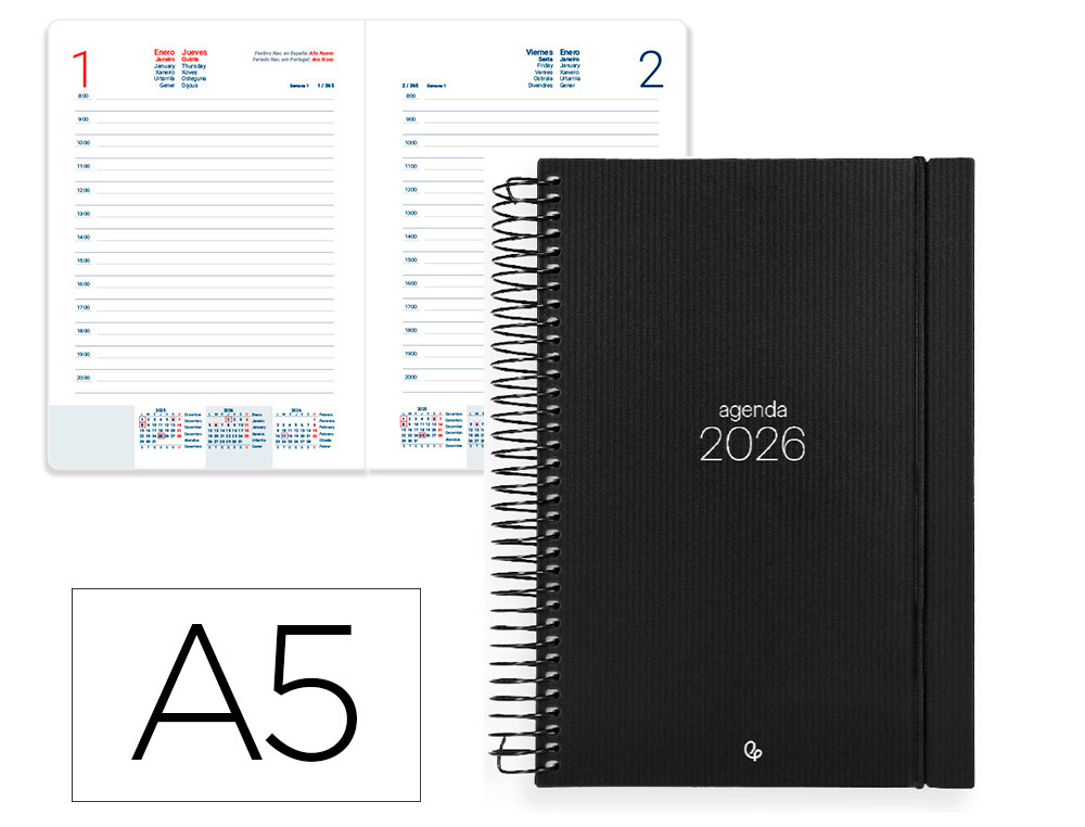 AGENDA ESPIRAL LIDERPAPEL OLBIA A5 2026 DIA PAGINA DESIGN 2 (NEGRO) PAPEL 60 GR
