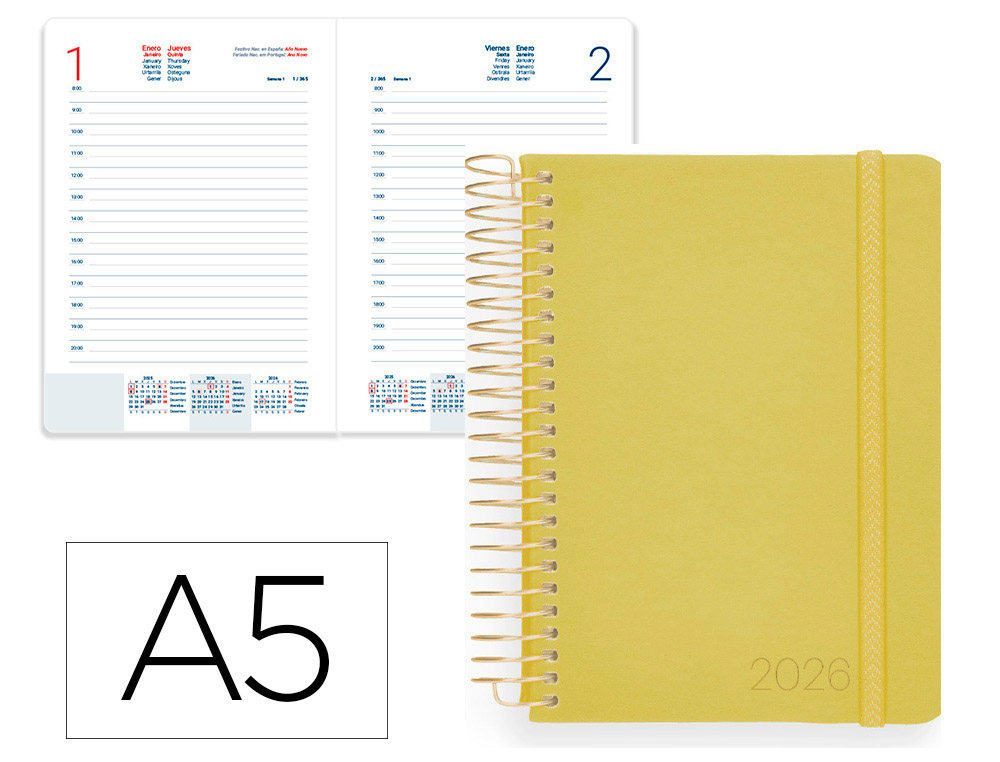 AGENDA ESPIRAL LIDERPAPEL NEON A5 2026 DIA PAGINA AMARILLO PAPEL 70 GR FSC