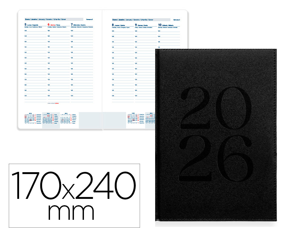 AGENDA ENCUADERNADA LIDERPAPEL CRETA 170X240 MM 2026 SEMANA VISTA NEGRO PAPEL 70 GR