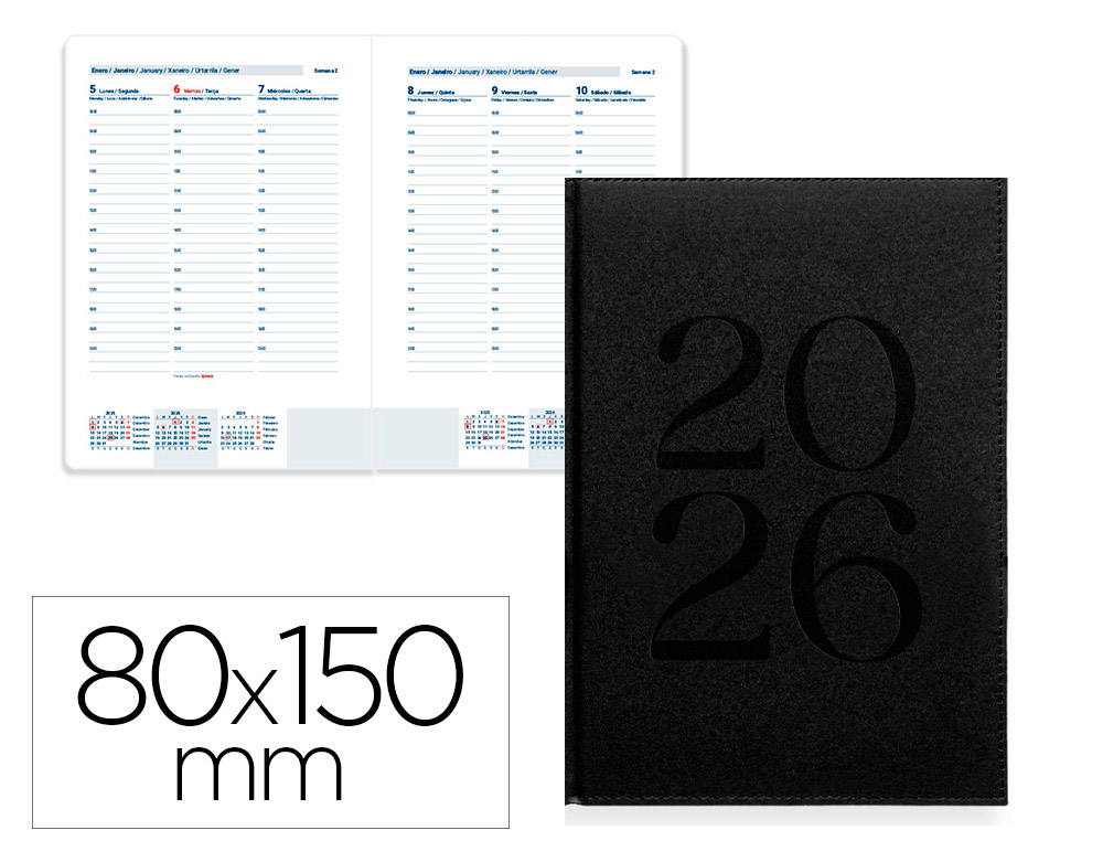 AGENDA ENCUADERNADA LIDERPAPEL CRETA 80X150 MM 2026 SEMANA VISTA NEGRO PAPEL 70 GR