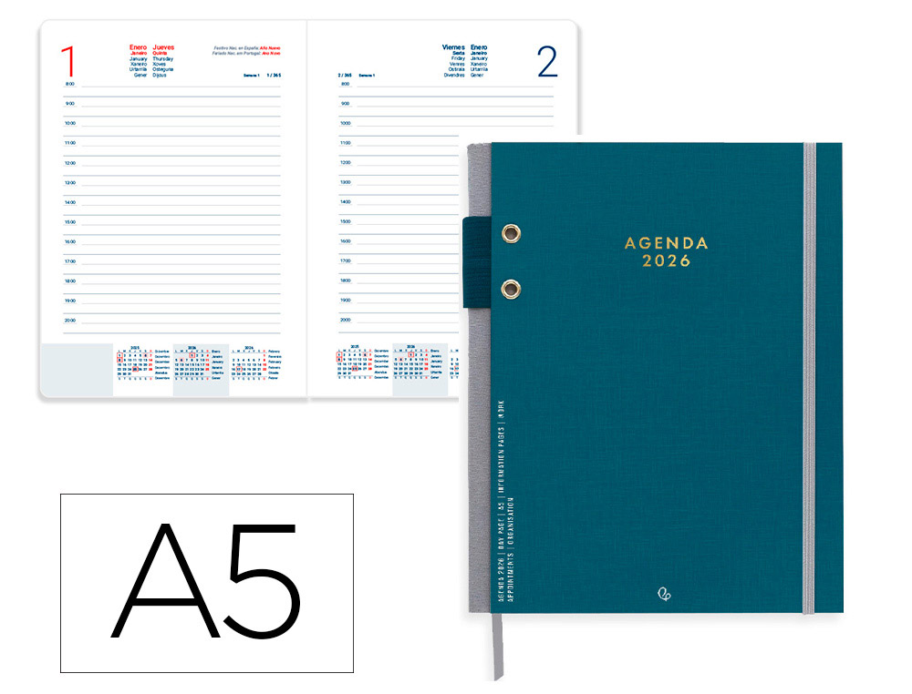 AGENDA ENCUADERNADA LIDERPAPEL PAXOS A5 2026 DIA PAGINA DESIGN 1 PAPEL 70 GR