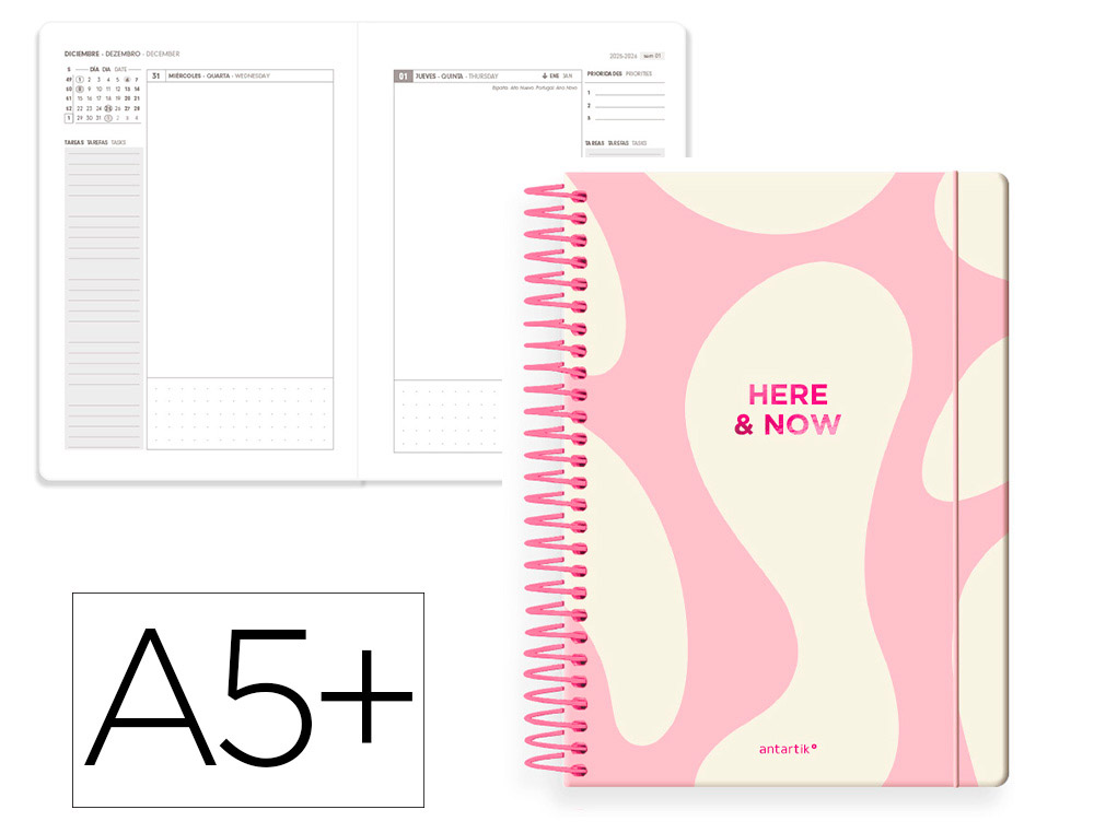 AGENDA ESPIRAL ANTARTIK HERE AND NOW A5+ 2026 DA PGINA ROSA PAPEL 80G FSC