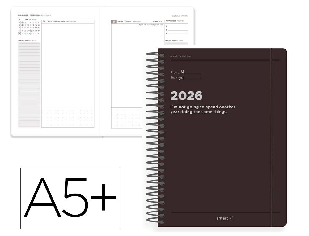 AGENDA ESPIRAL ANTARTIK MANIFEST A5+ 2026 DA PGINA NEGRO PAPEL 80G FSC