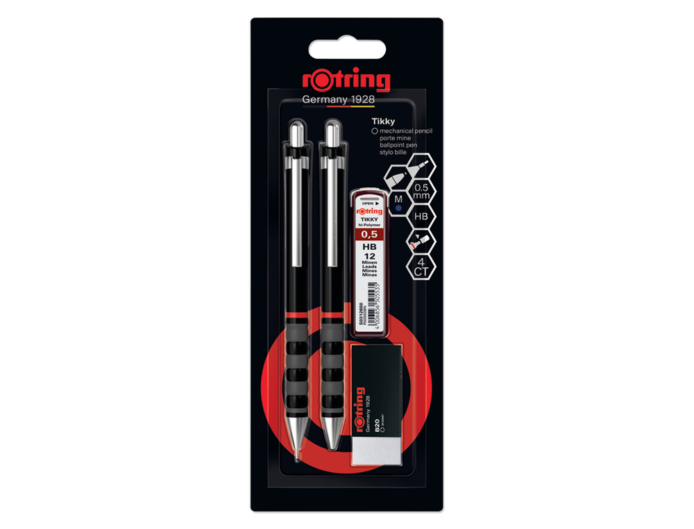 SET PORTAMINAS TIKKY 0,5 MM COLOR NEGRO + BOLIGRAFO M + GOMA DE BORRAR B20 + 12 MINAS HB