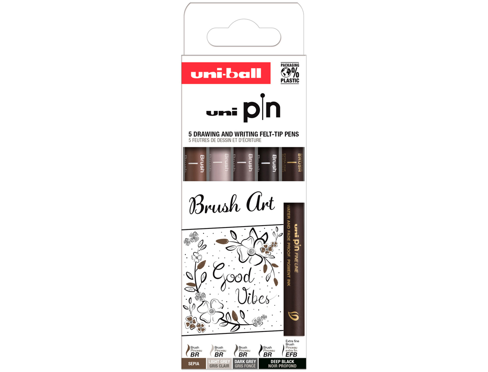 ROTULADOR UNIBALL PIN PUNTA PINCEL FLEXIBLE BLISTER DE 5 UNIDADES COLORES SURTIDOS