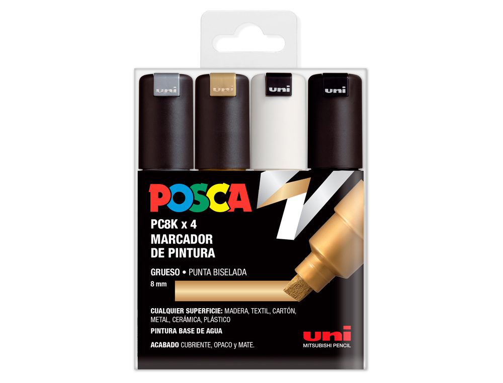 ROTULADOR UNI POSCA PC-8K/4C MARCADOR DE PINTURA PUNTA BISELADA 8 MM BLISTER DE 4 UNIDADES COLORES SURTIDOS