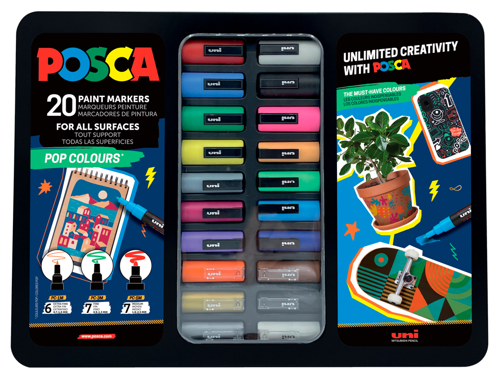 ROTULADOR UNI POSCA POP COLOURS MARCADOR DE PINTURA PUNTA CONICA MALETIN METALICO DE 20 UNIDADES COLORES