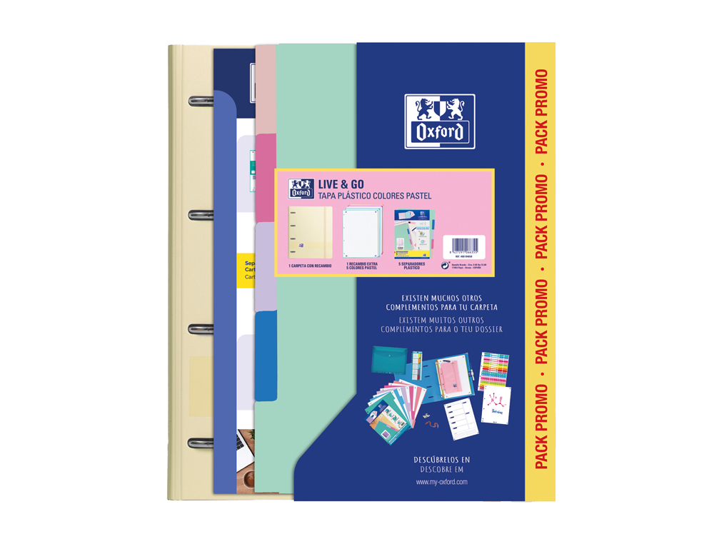 CARPETA CON RECAMBIO OXFORD EBINDER L&G PASTEL DIN A4+ 4 ANILLAS 35 MM RECAMBIO 80 H CUADRO 5 MM + JUEGO 5