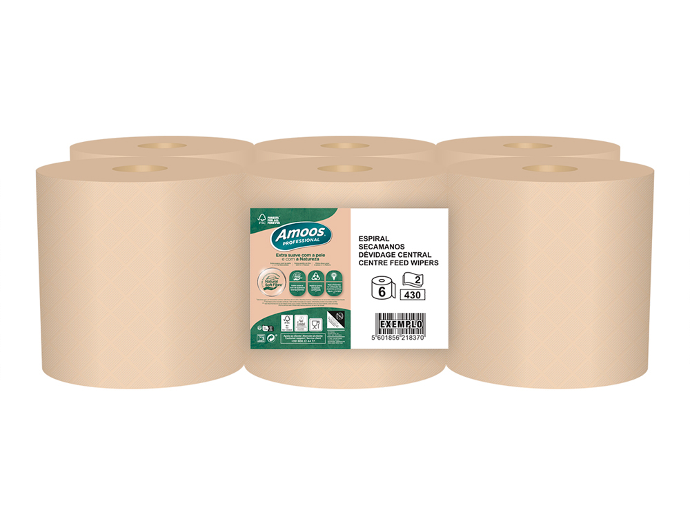 PAPEL SECAMANOS AMOOS NATURALLY SOFT 2 CAPAS PASTA CRUDA PAQUETE DE 6 ROLLOS 125 M