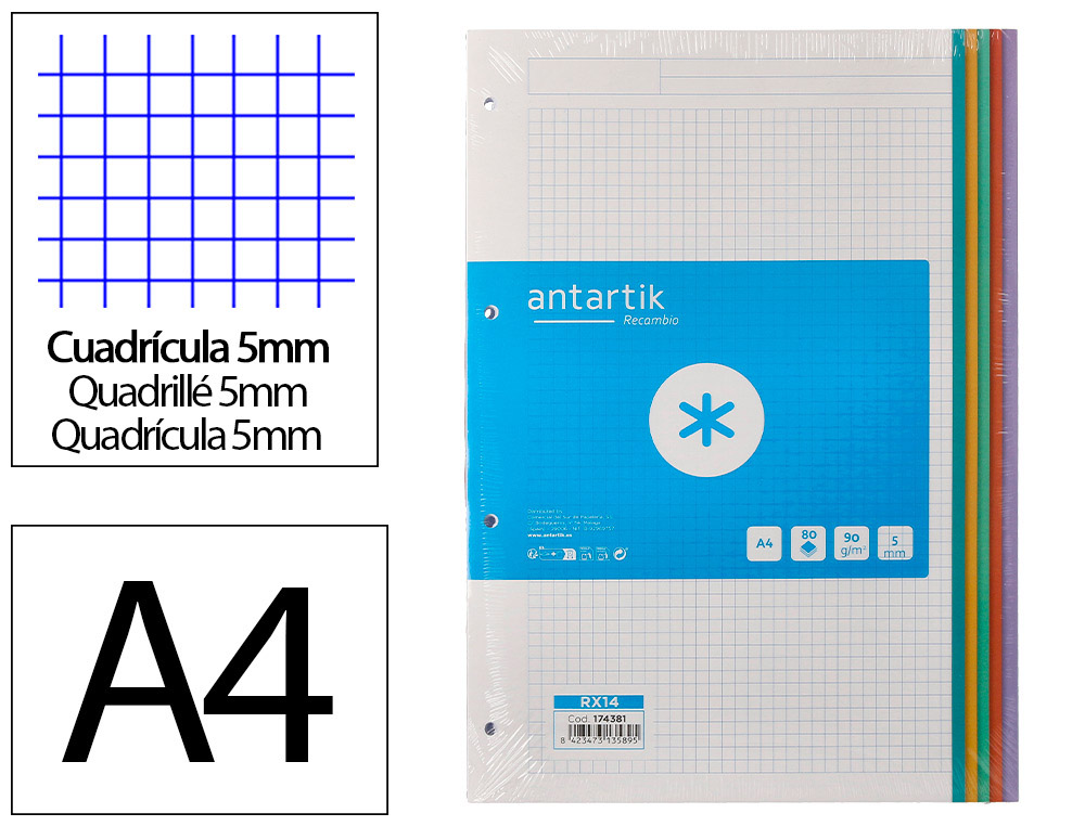 RECAMBIO A4 ANTARTIK 80 HOJAS 90G/M2 CUADRO 5 MM 4 TALADROS BANDAS DE 5 COLORES PASTELES