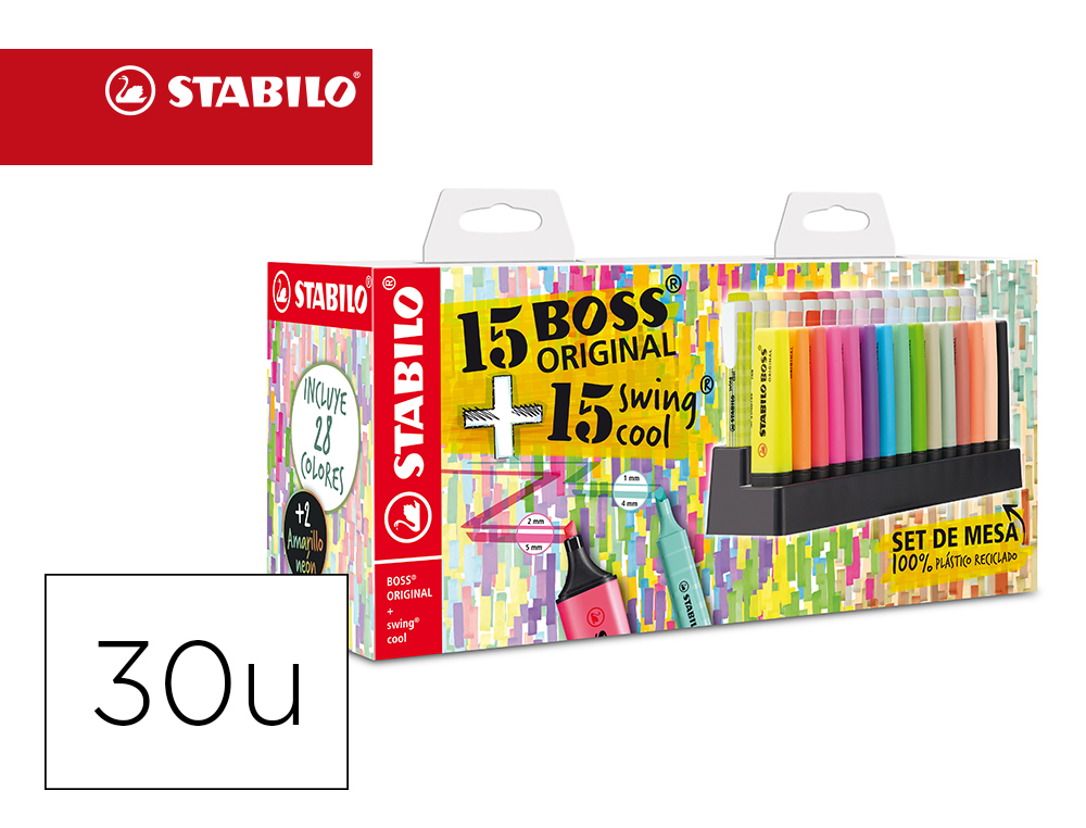 ROTULADOR STABILO FLUORESCENTE SET DE MESA 15 UNIDADES BOSS 70 + 15 UNIDADES SWING COOL COLORES SURTIDOS