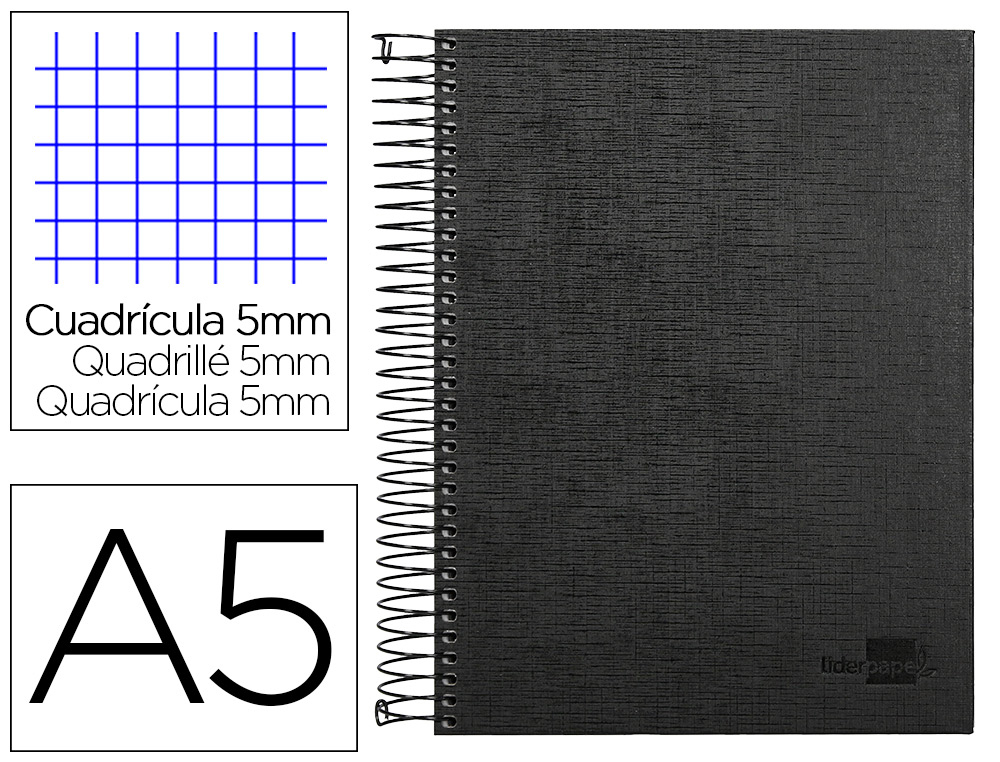 CUADERNO ESPIRAL LIDERPAPEL A5 MICRO PAPERCOAT TAPA FORRADA 140H 75 GR CUADRO5MM 5 BANDAS 6 TALADROS NEGRO