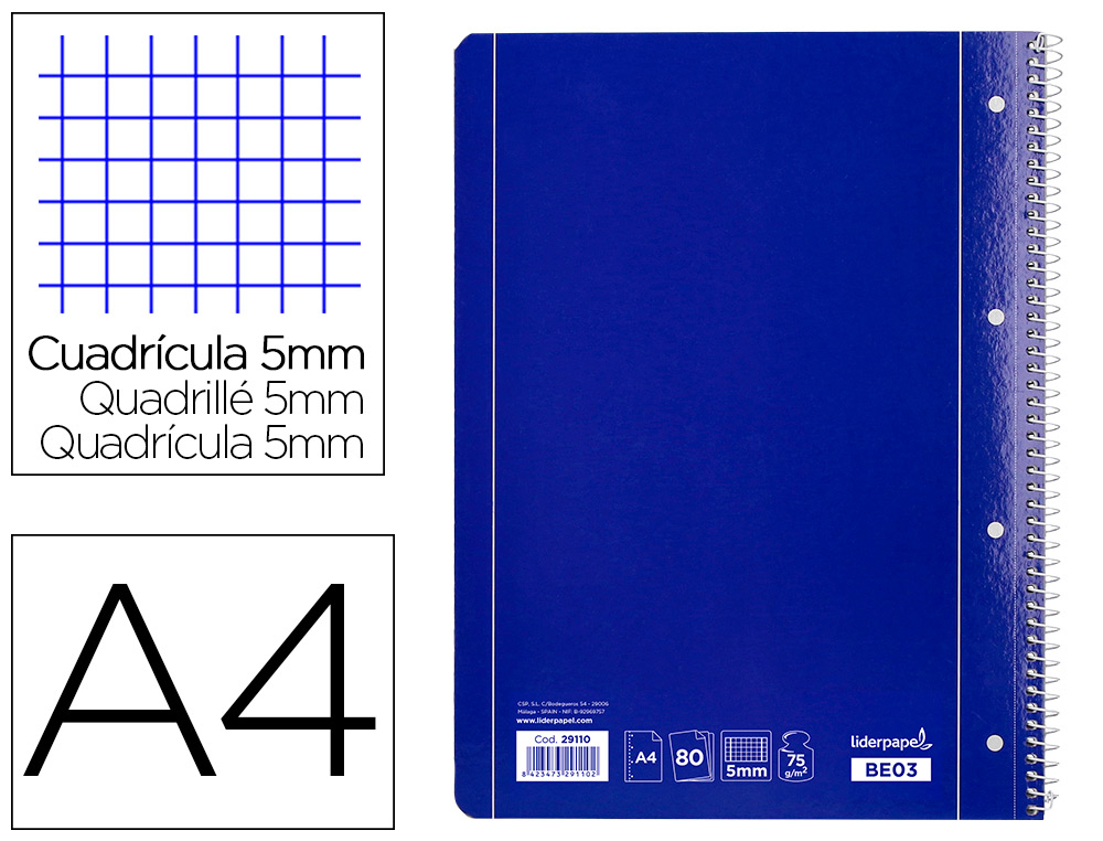 CUADERNO ESPIRAL LIDERPAPEL A4 MICRO SERIE AZUL TAPA BLANDA 80H 75 GR CUADRO 5MM CON MARGEN 4 TALADROS AZUL