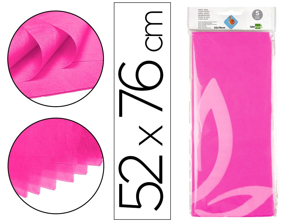 PAPEL SEDA LIDERPAPEL 52X76CM 18G/M2 BOLSA DE 5 HOJAS ROSA FUERTE