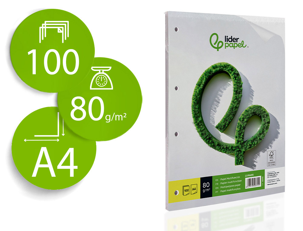 PAPEL LIDERPAPEL A4 80G/M2 LISO 4 TALADROS PAQUETE DE 100 HOJAS
