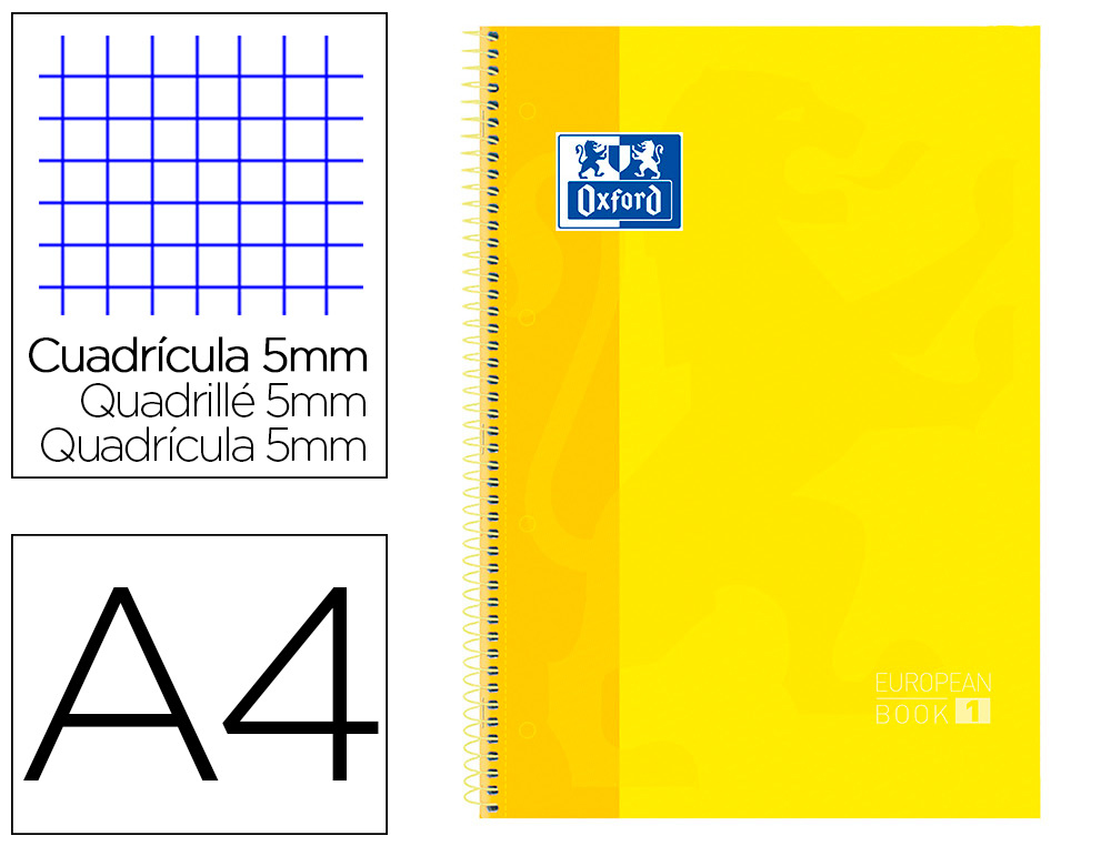 BLOC ESPIRAL OXFORD TAPA EXTRADURA MICROPERFORADO DIN A4 80 HOJAS CUADROS 5MM COLOR AMARILLO