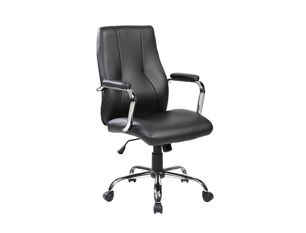 SILLA ROCADA DIRECCION SIMIL PIEL CON BRAZOS BASE METALICA CROMADA DIAMETRO 700MM RESPALDO 730MMX500MM