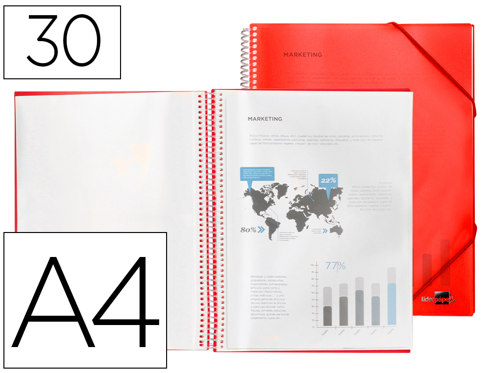 CARPETA LIDERPAPEL ESCAPARATE CON ESPIRAL 30 FUNDAS POLIPROPILENO DIN A4 ROJO
