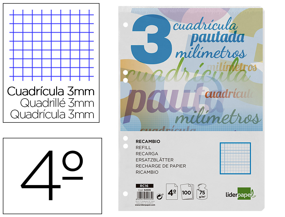RECAMBIO LIDERPAPEL CUARTO PAUTAGUIA 100 HOJAS 75 G CUADRICULADO PAUTADO 3MM CON MARGEN 6 TALADROS