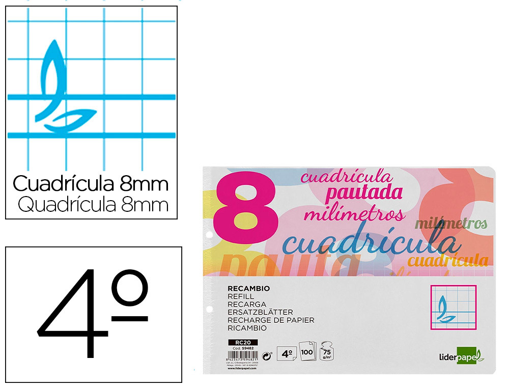 RECAMBIO LIDERPAPEL CUARTO APAISADO PAUTAGUIA 100 HOJAS 75 G CUADRICULADO PAUTADO 8MM CON MARGEN 2 TALADROS