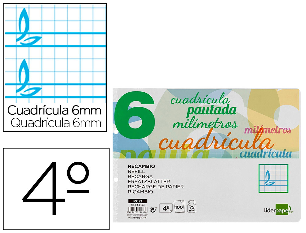 RECAMBIO LIDERPAPEL CUARTO APAISADO PAUTAGUIA 100 HOJAS 75 G CUADRICULADO PAUTADO 6MM CON MARGEN 2 TALADROS
