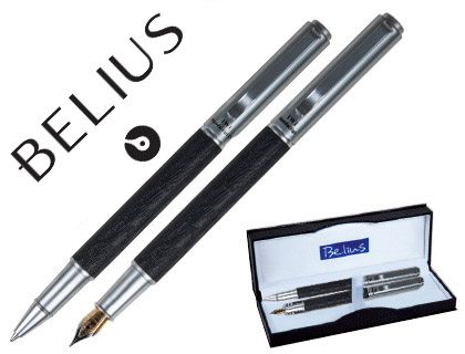 JUEGO BOLIGRAFO Y PLUMA BELIUS ZADAR NEGRO CUERPO SIMIL PIEL Y DETALLES CROMADOS SATINADOS EN ESTUCHE
