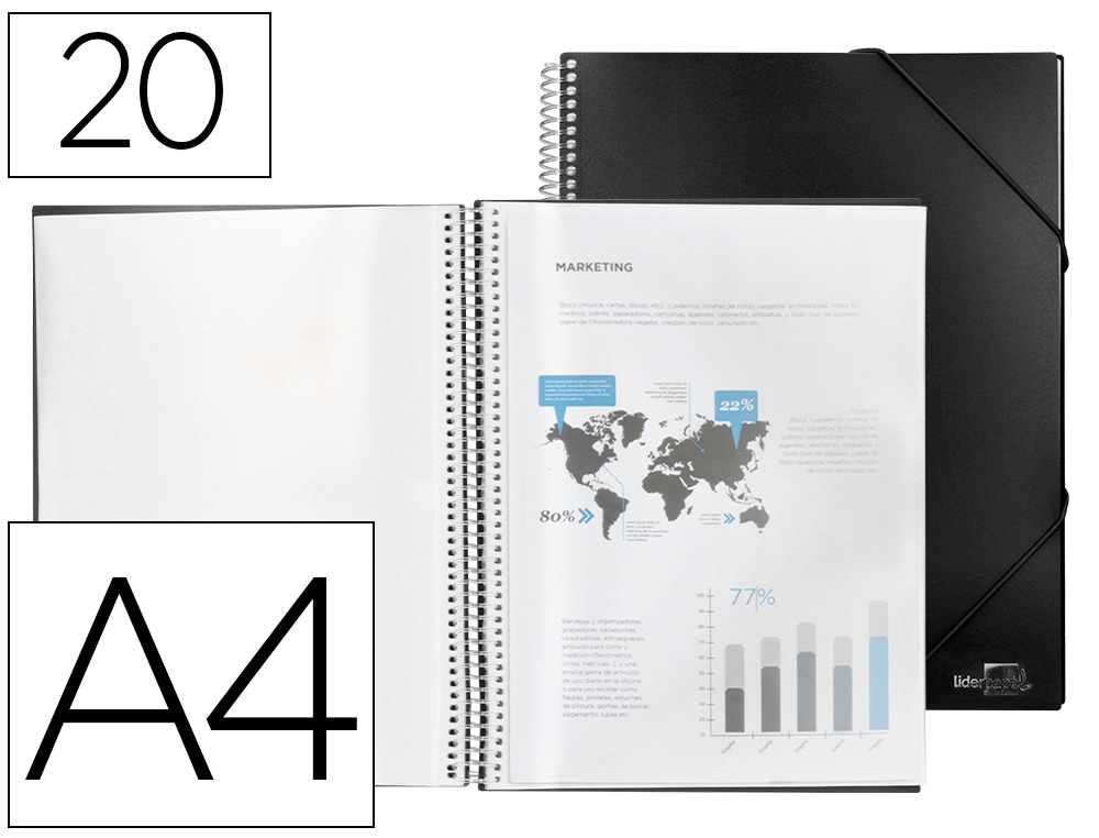 CARPETA LIDERPAPEL ESCAPARATE CON ESPIRAL 20 FUNDAS POLIPROPILENO DIN A4 NEGRO