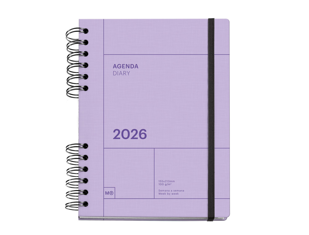 AGENDA ESPIRAL WIRE-O MIQUELRIUS 2026 PLUS BASIC SEMANA VISTA 155X213 MM COLOR MALVA