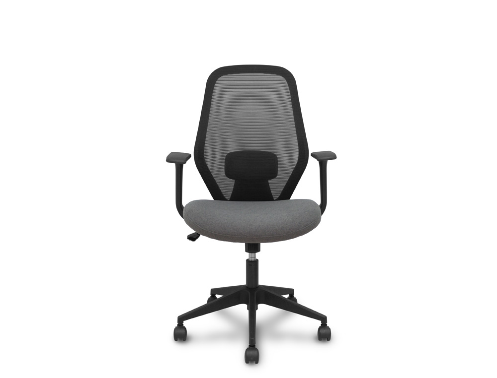 SILLA DE OFICINA PYC ERGO529 RESPALDO MALLA NEGRO ASIENTO TELA GRIS BRAZOS FIJOS MECANISMO BASCULANTE