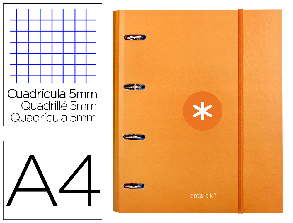 CARPETA CON RECAMBIO ANTARTIK A4 CUADRO 5MM FORRADA 4 ANILLAS 40MM REDONDAS CON SOLAPA COLOR MOSTAZA