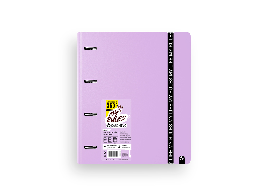CARPETA CARCHIVO MY RULES 4 ANILLAS 35 MM POLIPROPILENO FOAM 360 DIN A4 RECAMBIO 100 H CON GOMILLA COLOR MALVA