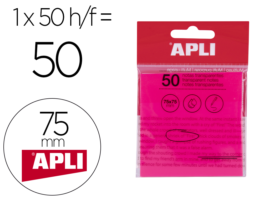 BLOC DE NOTAS ADHESIVAS QUITA Y PON APLI 75X75 MM 50 HOJAS TRANSPARENTE ROSA