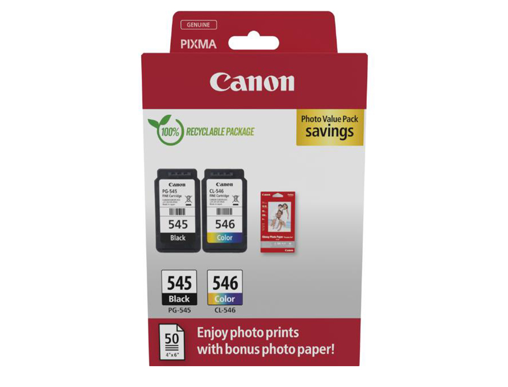 INK-JET CANON PHOTO VALUE PACK PG-545 + CL546 + 50 HOJAS PAPEL FOTO GLOSSY 10X15 CM