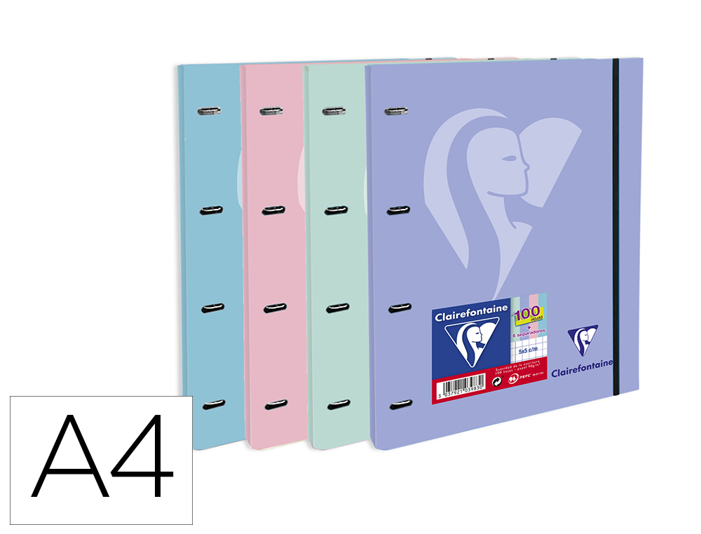 CARPETA DE 4 ANILLAS 20 MM REDONDAS CLAIREFONTAINE DIN A4 CON RECAMBIO 100 HOJAS COLORES PASTEL SURTIDOS