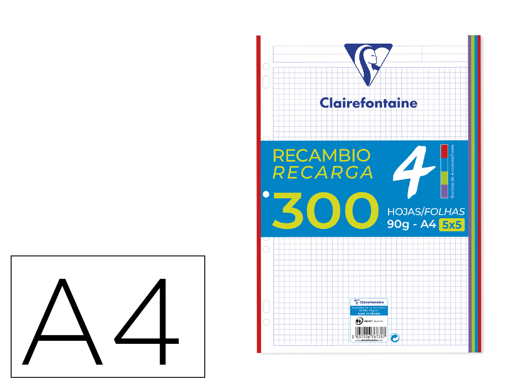 RECAMBIO CLAIREFONTAINE DIN A4 300 HOJAS 90 GR CUADRO 5 MM CON BANDAS DE 5 COLORES VIVOS