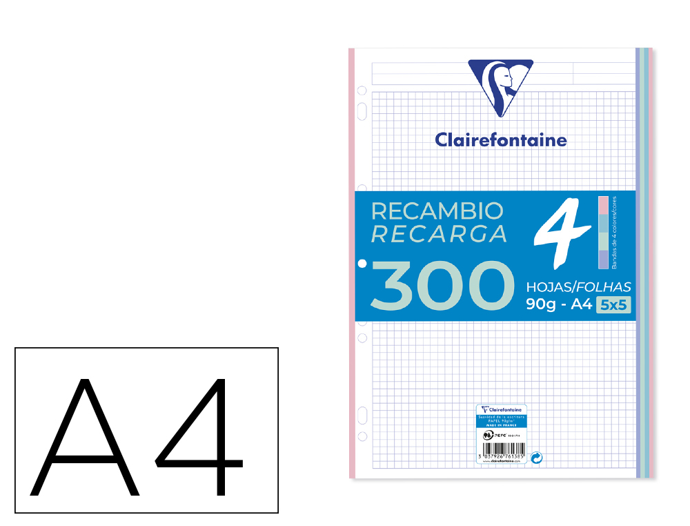 RECAMBIO CLAIREFONTAINE DIN A4 300 HOJAS 90 GR CUADRO 5 MM CON BANDAS DE 5 COLORES PASTEL