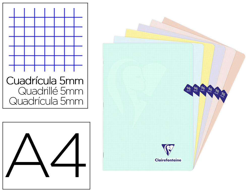 LIBRETA CLAIREFONTAINE DIN A4 TAPA PLASTICO TRANSLUCIDO FLEXIBLE 48 HOJAS 90 GR CUADRO 5 MM COLORES PASTEL