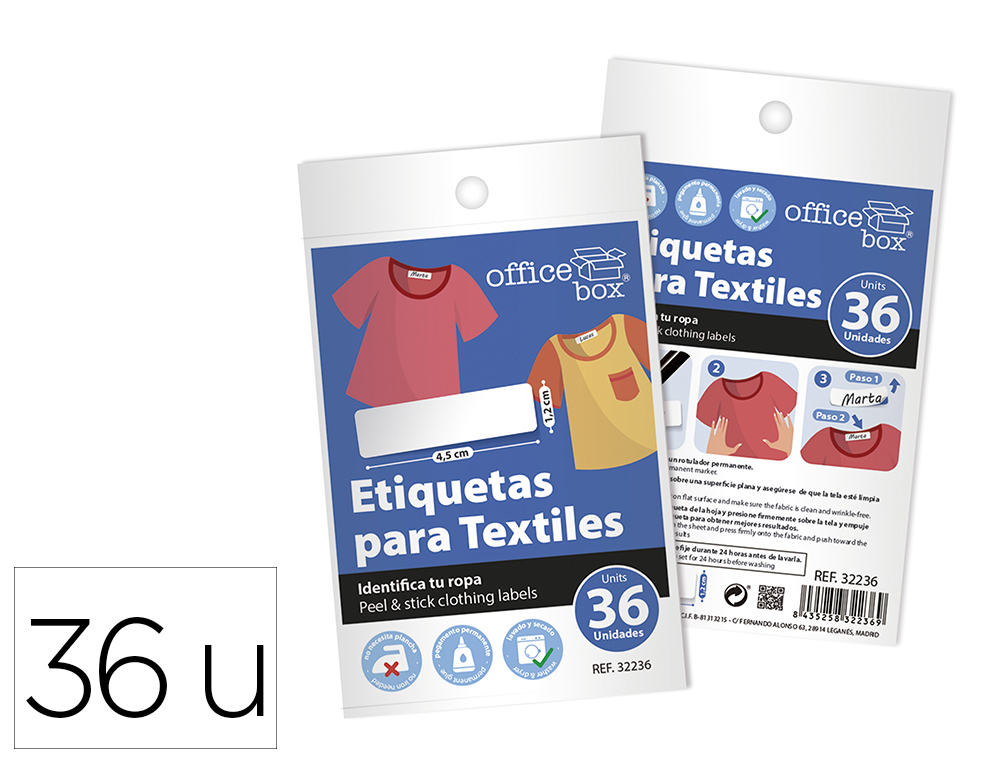 ETIQUETA OFFICE BOX PARA TEXTIL 45X12 MM BLISTER DE 36 UNIDADES