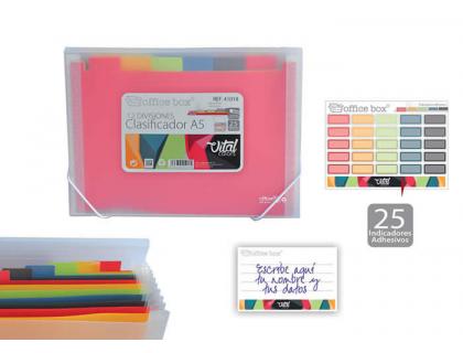 CARPETA OFFICE BOX CLASIFICADORA FUELLE POLIPROPILENO DIN A5 12 DEPARTAMENTOS COLORES